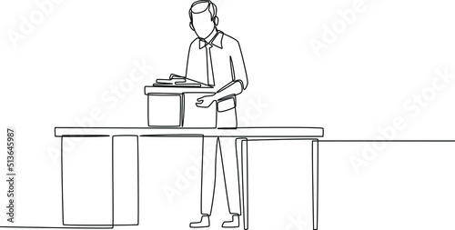 Continuous one line drawing Employee holding personal belongings in their resign box from the table. Human resources concept. Single line draw design vector graphic illustration.