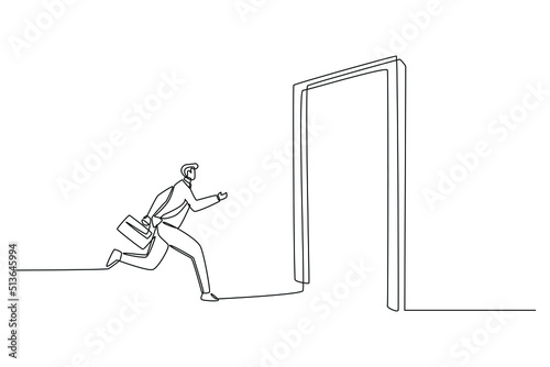 Continuous one line drawing employee resign and running through exit door. Human resources concept. Single line draw design vector graphic illustration.