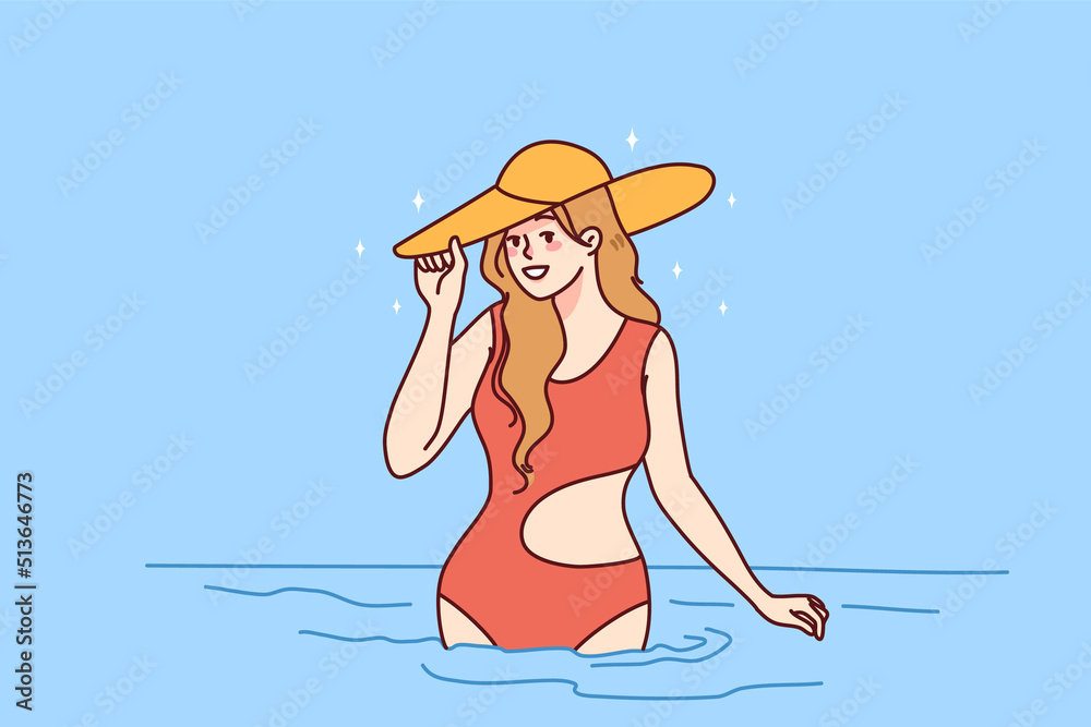 Smiling young woman in swimsuit and summer hat posing in sea on vacation. Beautiful fit girl in bikini enjoy holidays at resort. Travel concept. Vector illustration. 