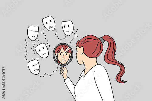 Woman look in mirror seeing different faces