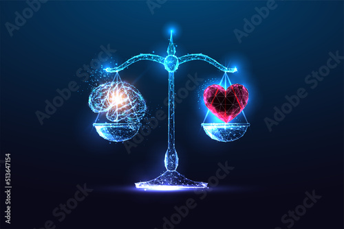 Concept of brain and heart balance, emotional intelligence, feelings an logics in futuristic style photo