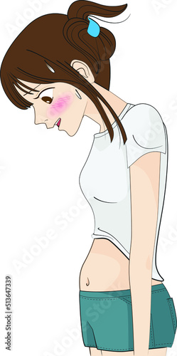 Illustration of a women seeing her belly, on white backgruond.