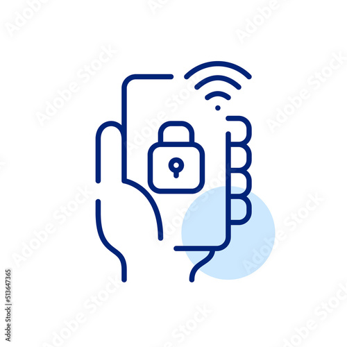 Smart home security and remote lock control using smartphone app. Pixel perfect, editable stroke line art icon