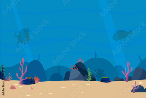 illustration of scenery on the seabed with sea plants and rocks and cute sea fish silhouettes
