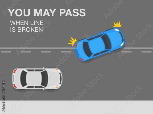Safety car driving tips and traffic regulation rules. Use of street lines. Passing permitted if line is broken. Top view of a vehicle on a city road. Flat vector illustration template.