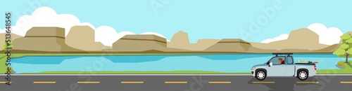 Happy family travels with pickup truck for banner. Carrying a truck for travel.  Asphalt road near the reservoir surrounded by mountains. Copy Space Flat Vector.