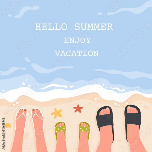 Legs of man, woman and child in beach shoes on sand near sea blue waves of shoreline vector illustration. Cartoon family sunbathing on beach, hello summer, enjoy vacation motivation slogan background