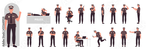 Fotografia Male policeman character in dynamic poses, side, front and back view set vector illustration