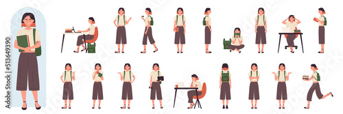 Female student character poses in side, front and back view set vector illustration. Cartoon young lady with cute haircut and casual clothes showing study gestures and actions isolated on white