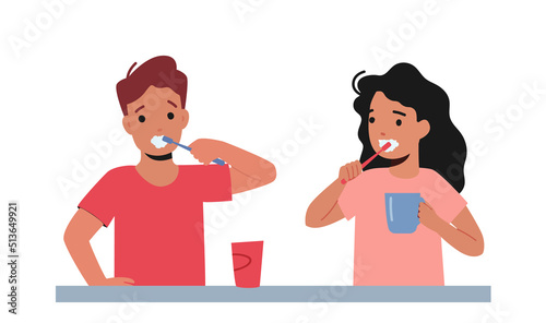 Little Boy and Girl Brushing Teeth, Couple of Kids Characters Hygiene Procedure after Bath or Shower in Bathroom