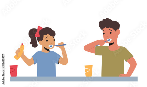 Kids Brushing Teeth, Happy Sister and Brother Family Characters with Toothbrush and Paste Dental Hygiene Procedure