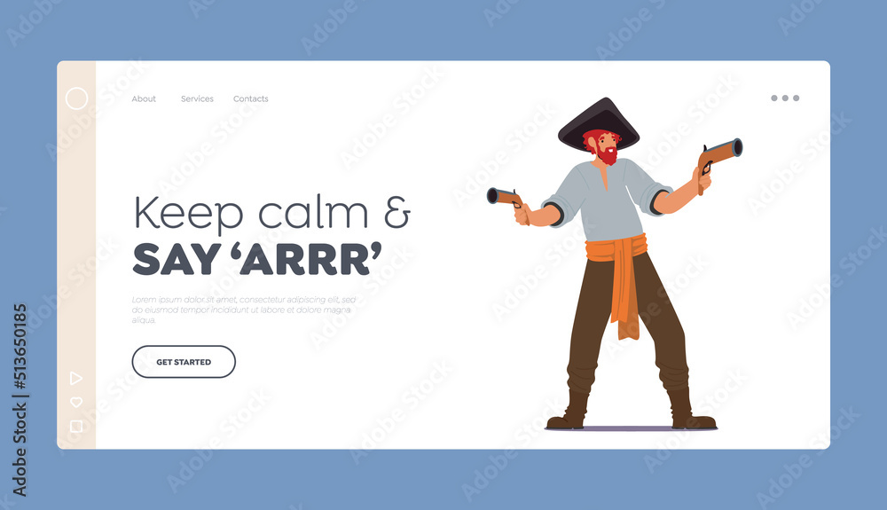 Pirate with Guns Landing Page Template. Robber Wear Costume and Cocked Hat Shoot with Pistol, Buccaneer Male Character