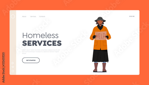 Homeless Services Landing Page Template. Woman Holding Banner Need Help, Bum in Ragged Clothes Begging Money in Trouble