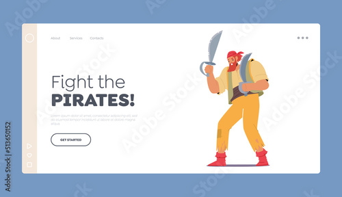 Old Pirate Landing Page Template. Thug or Corsair, Angry Senior Filibuster Wear Ragged Clothes Attack with Sabers