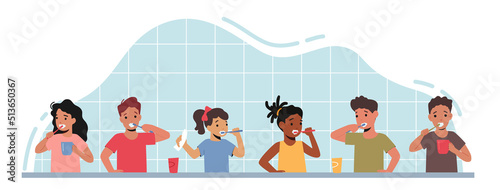 Children Dental Care, Oral Hygiene in Bathroom. Happy Kid Characters Brush Teeth Stand in Row. Kids with Toothbrush