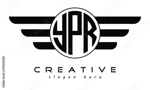 YPR three letter circle with wings logo design vector template. wordmark logo | emblem logo | monogram logo | initial letter logo | typography logo | business logo | minimalist logo |