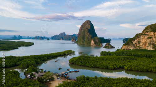 panorama view of Sametnangshe, view of mountains in Phangnga bay with mangrove forest in andaman sea with evening twilight sky, travel destination in Phangnga, Thailand photo