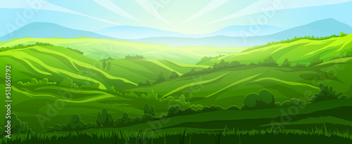 hill background landscape vector. green meadow, summer grass, nature field sky, land mountain, forest scenery, horizon valley hill background nature view cartoon illustration