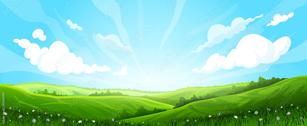 meadow background landscape vector. green grass, field hill, spring sky,  summer countryside, cartoon land, rural scene, farm scenery meadow  background nature view cartoon illustration Stock Vector | Adobe Stock