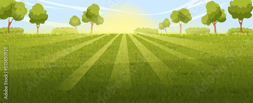 lawn background landscape vector. green field, spring grass, summer meadow, garden tree, park plant scene, sunny land lawn background nature view cartoon illustration