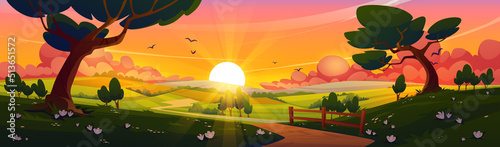 Summer nature landscape with country road and agriculture fields at sunset. Vector cartoon illustration of rural countryside of farmland with wooden fence, road and trees in yellow sun beams