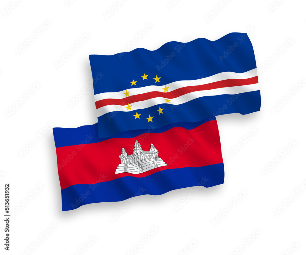 National vector fabric wave flags of Kingdom of Cambodia and Republic of Cabo Verde isolated on white background. 1 to 2 proportion. National vector fabric wave flags of Kingdom of Cambodia and Republic of Cabo Verde isolated on white background. 1 to 2 proportion.