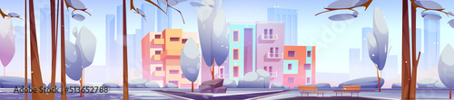 Winter city district, outdoor cityscape dwelling territory with modern houses architecture, park area at front yard with asphalted paves, snow, bare trees, bench and rocks Cartoon vector illustration