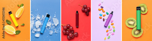 Set of modern electronic cigarettes on color background, top view photo