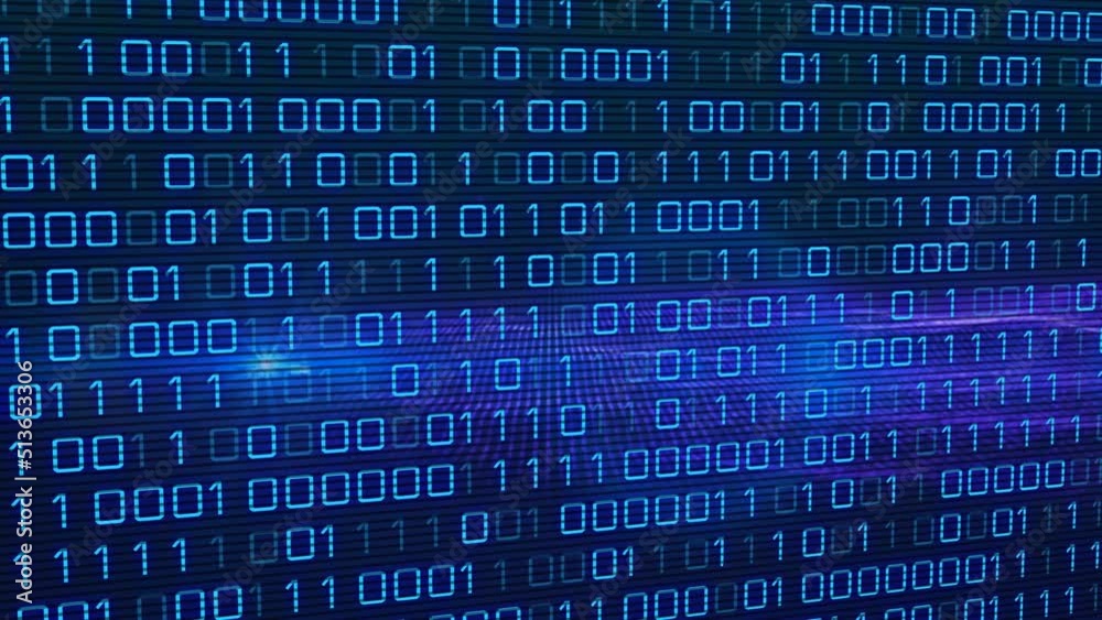 Digital animation of binary coding data processing and spot of light against blue background