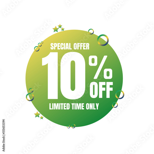 10% off percent, special offer, limited time only. 3D Green light bubble design. Super discount online coupon. vector illustration, ten