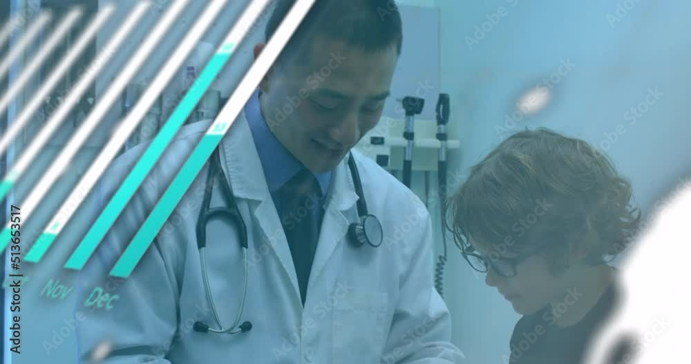 Statistical data processing against asian male doctor examining caucasian boy at hospital Statistical data processing against asian male doctor examining caucasian boy at hospital