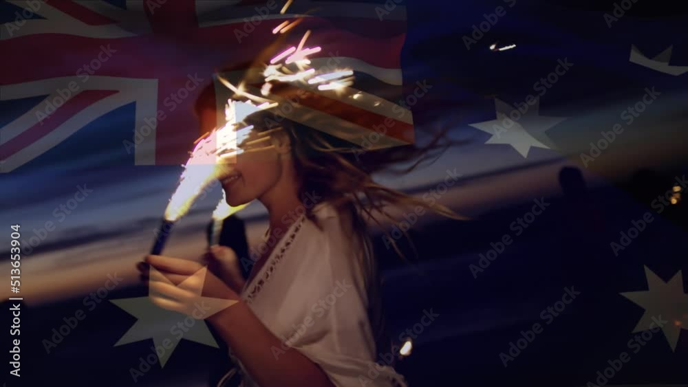 Animation of waving australia flag over group of diverse friends on the beach