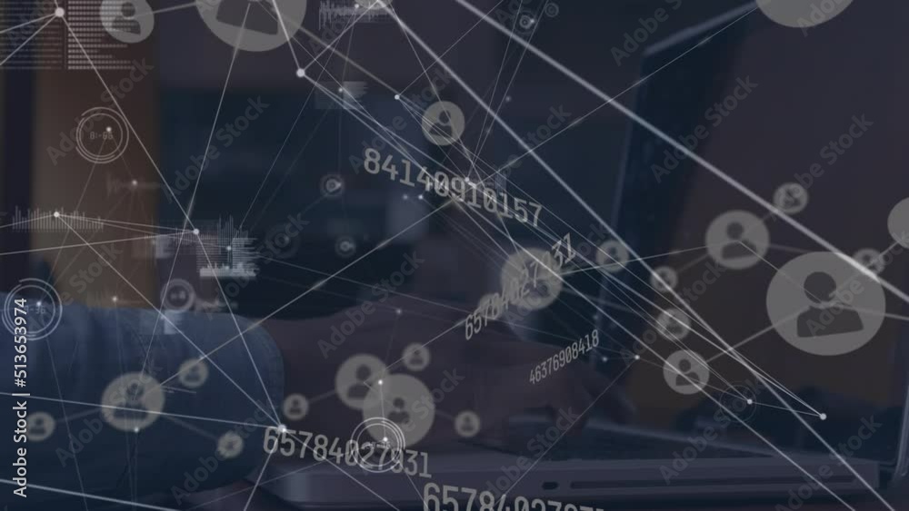 Animation of network of connections and data processing over person using laptop Animation of network of connections and data processing over person using laptop