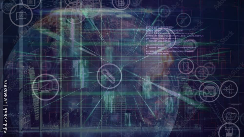 Animation of network of connections and data processing over dark background