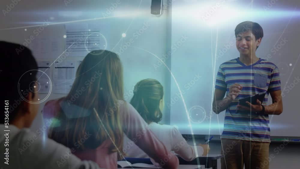 Animation of network of connections over biracial boy making presentation at school