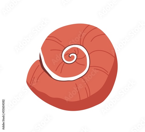 Snail sea shell. Marine undersea swirled seashell of round spiral shape. Underwater mollusc. Mollusk  under water shellfish. Flat vector illustration isolated on white background