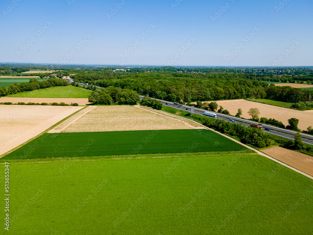 Farmland from above. Aerial view over green fields