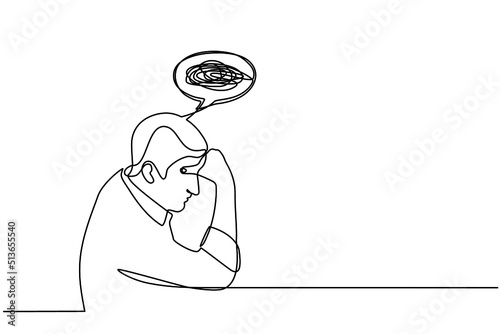 Continuous one line drawing of a confused man worried about mental health. Problems, failure, stress, sadness, heartbreak and depression concept in doodle style on transparent background.