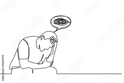 Continuous one line drawing of a confused man worried about mental health. Problems, failure, stress, sadness, heartbreak and depression concept in doodle style on transparent background.