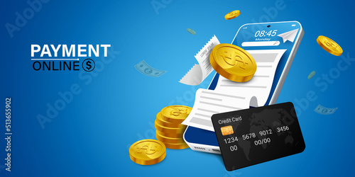 Bill of expenses is on mobile phone.Pay bills with mobile phone.Online shopping spending.Online shopping via smartphone.Bill payment flat isometric vector concept of mobile payment, shopping, banking.