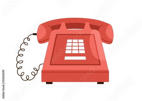 Retro touch tone telephone with keypad. Old push button phone with keys, headset. History obsolete communication device, 60s and 70s tel. Flat vector illustration isolated on white background