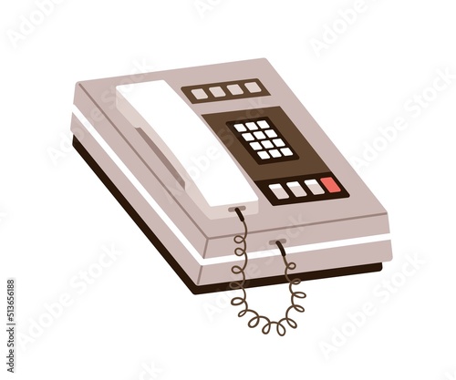 Retro touch tone phone with keypad. Push button telephone with keys, headset of 1975 type. History communication device, 70s and 80s tel. Flat vector illustration isolated on white background