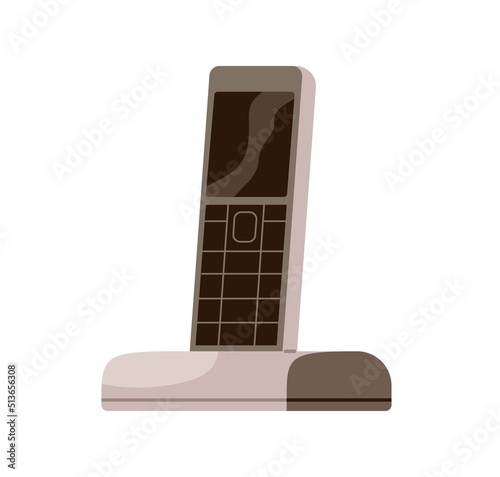 Portable cordless radio telephone of 2010. Phone handset with landline base station, charger. Land line wireless device model with keypad. Flat vector illustration isolated on white background