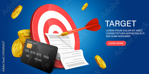 Targeting the business bill. Realistic 3d design red target and arrows.
financial target marketing concept illustration.Target landing page, banner business 3d icon. Vector illustration