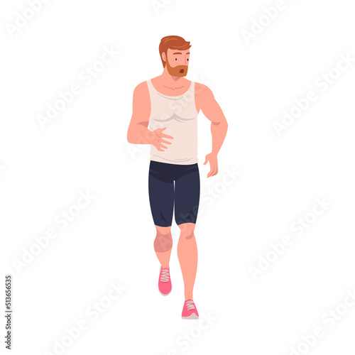 Bearded Man Character Running in Sportswear and Trainers Engaged in Sport Training and Workout Vector Illustration