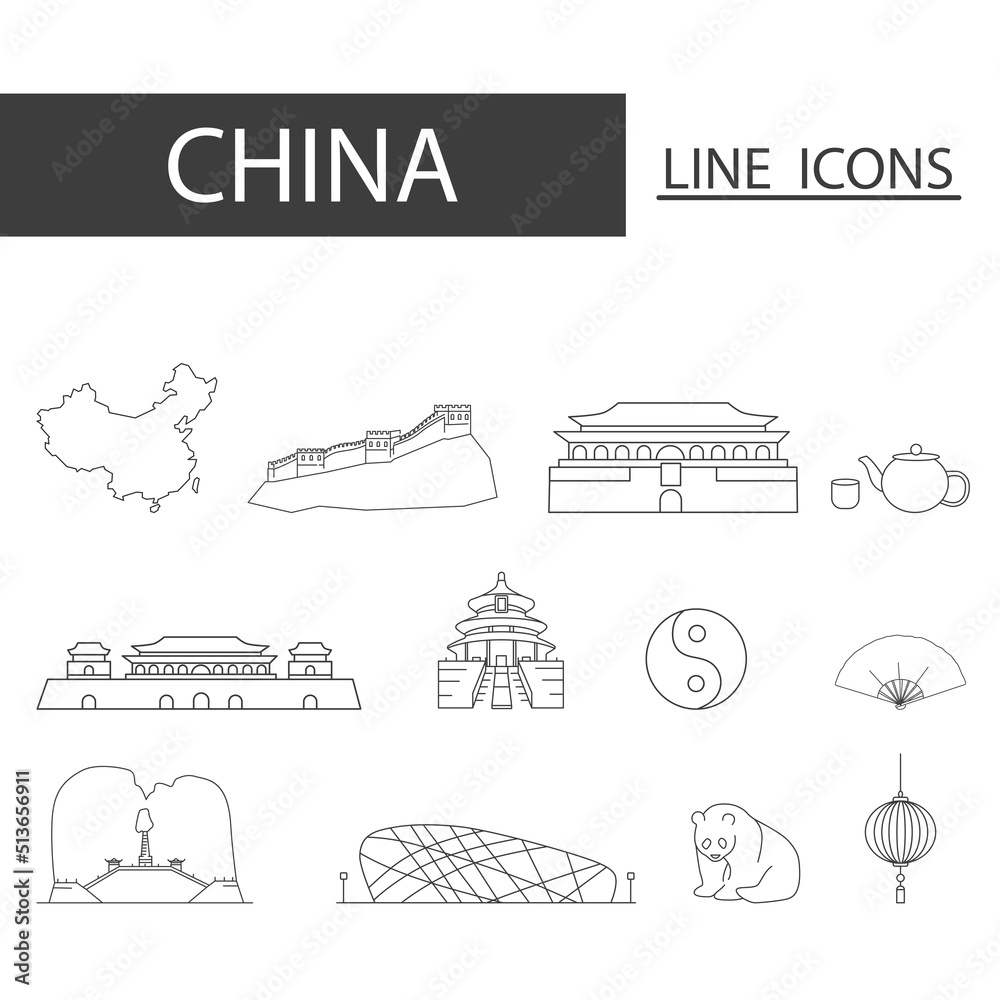 Icons set of China black thin line. Set of map, architecture, tradition and more.