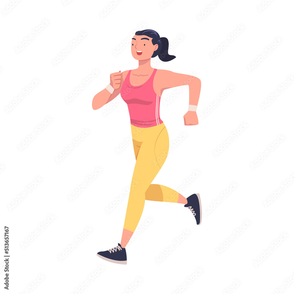 Woman Character Running in Sportswear and Trainers Engaged in Sport Training and Workout Vector Illustration