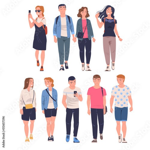 Walking People Character Strolling in the Street and Smiling Vector Set