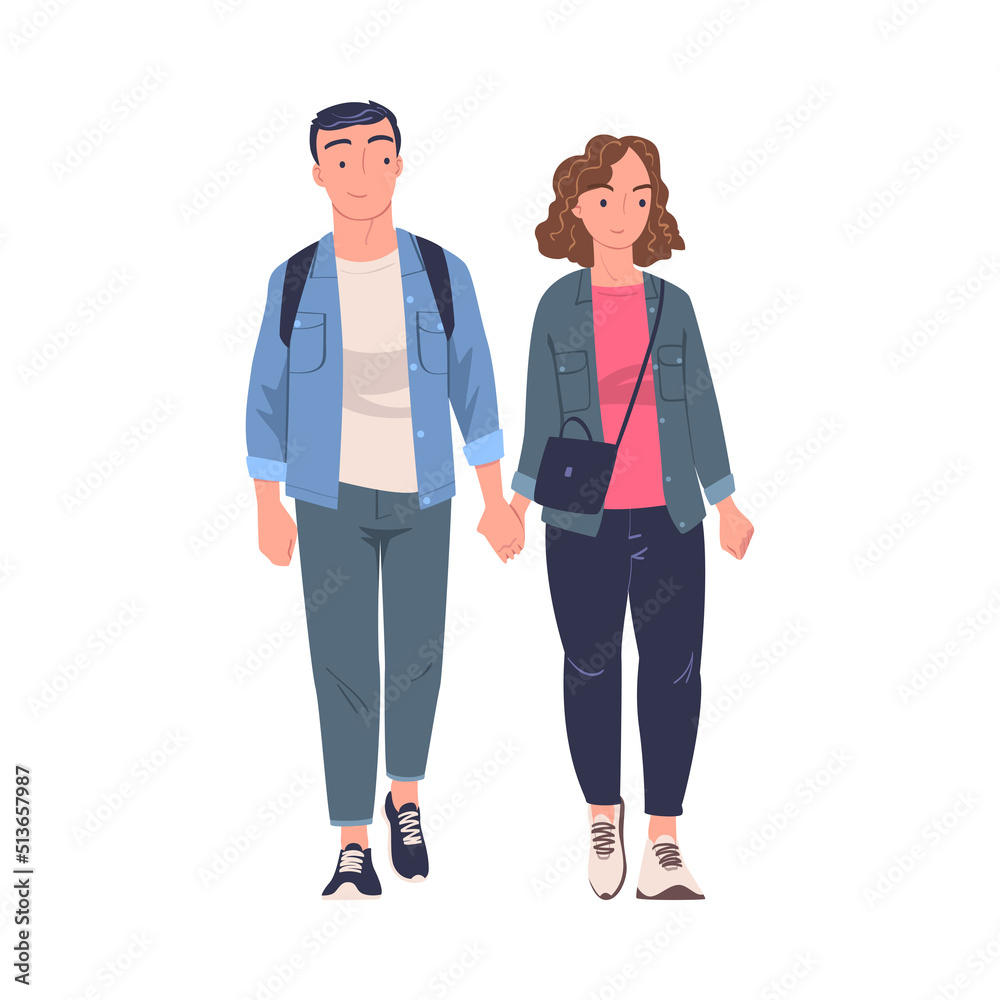Walking Man and Woman Character Holding Hands Strolling in the Street and Smiling Vector Illustration Walking Man and Woman Character Holding Hands Strolling in the Street and Smiling Vector Illustration