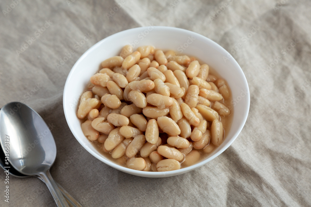 Organic White Cannellini Beans in a White Bowl, low angle view. Organic White Cannellini Beans in a White Bowl, low angle view.